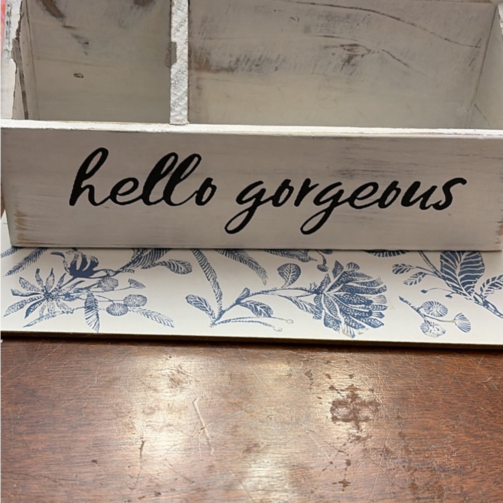 White Wooden Box with 'Hello Gorgeous' Text